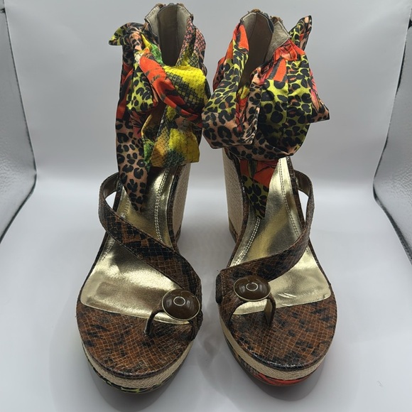 NWT Carlos Falchi Cruz Wedge Sandals 9.5 Multi Animal Print Ribbon Raffia Heel - Picture 9 of 10